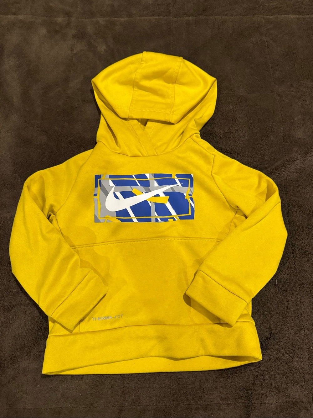 Nike Kids Yellow Pullover Hoodie with Blue & White Swoosh Graphic